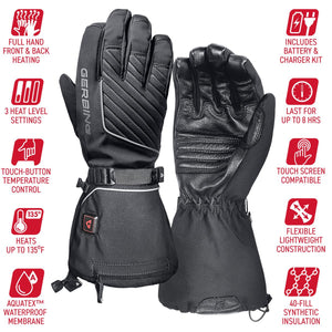 Gerbing heated gloves with feature icons for battery life, waterproof membrane, and touch screen compatibility