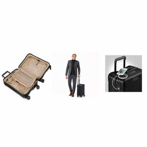 Briggs and Riley suitcase showing interior lining, a man with the suitcase, and a phone charging via a USB port