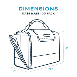 Kase Mate 30 pack cooler bag dimensions diagram showing 13.5 inch width 10 inch height and 8 inch depth