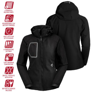 Gerbing black heated jacket with feature icons showing four heating zones and eight hour battery life