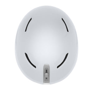 Top view of a white Smith Optics ski helmet with four ventilation slots and a rear adjustment dial