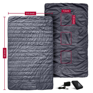 ActionHeat heated blanket with dimensions and battery pack components
