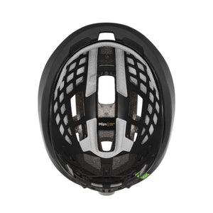 Interior view of black bicycle helmet showing Mips Evolve Core safety system and padding