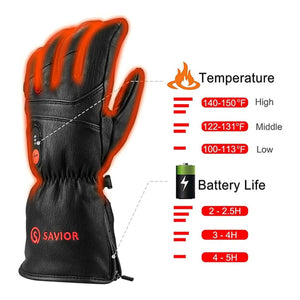 Savior Heat black leather heated glove showing temperature settings and battery life duration