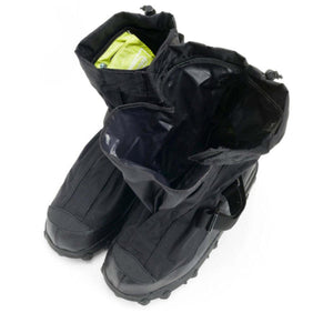 Neos black overshoe boots with open cuffs and drawstring closures