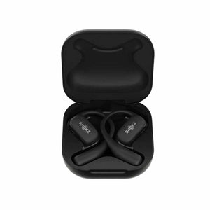 Shokz black open ear wireless earbuds in an open charging case