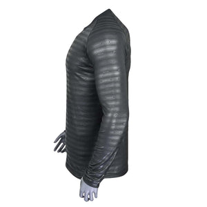 Black long sleeve shirt with horizontal textured stripes on a mannequin