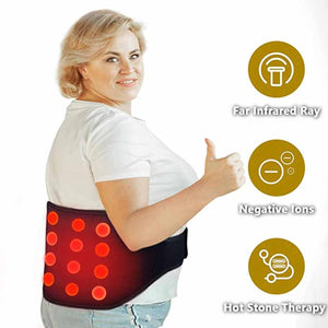 Woman wearing a back support belt with far infrared ray negative ions and hot stone therapy features