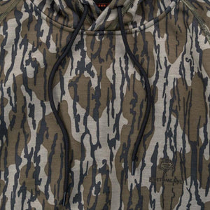 Mobile Warming hoodie in Mossy Oak Bottomland camouflage pattern with black drawstrings