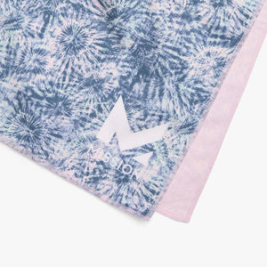Mission cooling towel with blue and white tie dye pattern and logo