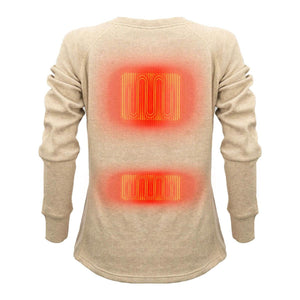Beige long sleeve thermal shirt with two glowing red heating element zones on the back
