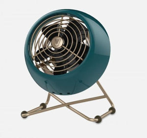 Vornado teal and gold retro style desk fan on a metal stand
