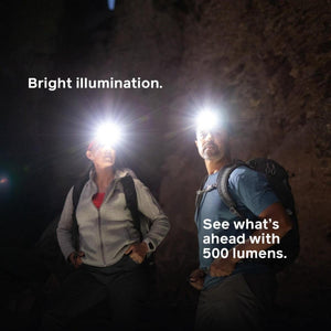 Two hikers wearing BioLite headlamps in a dark cave