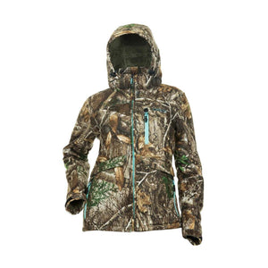 DSG Outerwear hooded camouflage hunting jacket with teal zipper accents
