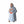 Person wearing a grey fleece hooded blanket with orange heating element graphics on the chest and pocket