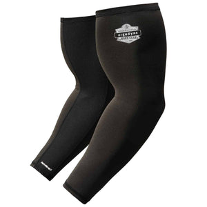 Pair of black Ergodyne arm sleeves with logo