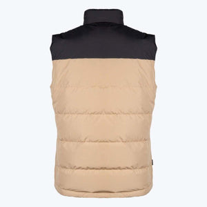Back view of a Mobile Warming tan and black quilted vest