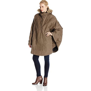 FjallRaven brown hooded poncho with faux fur trim worn over dark jeans and brown boots