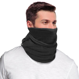 Man wearing a black fleece neck gaiter with an adjustable drawstring
