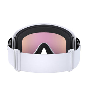 POC white ski goggles with pink tinted lens and black strap