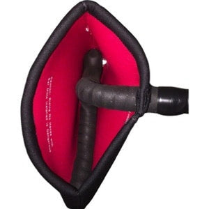 Bar Mitts handlebar mitt with black exterior and red interior installed on a bicycle handlebar