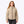 Woman wearing a beige Mobile Warming hooded fleece jacket with a black front zipper