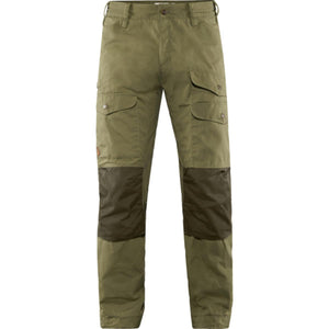 Fjallraven olive green trekking trousers with reinforced dark green knee patches and multiple cargo pockets