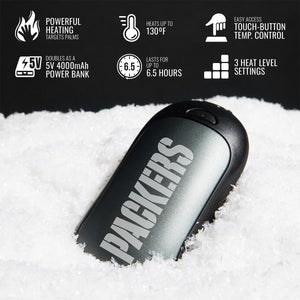 ActionHeat hand warmer with Packers logo on snow showing heating features and battery specifications