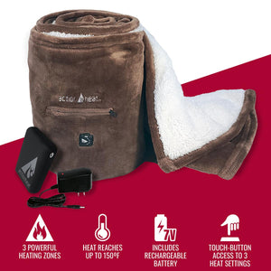 ActionHeat brown fleece blanket with rechargeable battery and charger showing three heating zones and settings