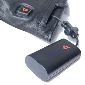 Gerbing rechargeable battery pack connected to a black leather heated glove