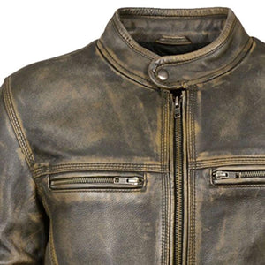 Milwaukee Leather distressed brown leather motorcycle jacket with zippered chest pockets and snap collar