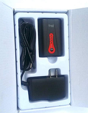 Spark black power bank with charging cable and wall adapter in white plastic packaging