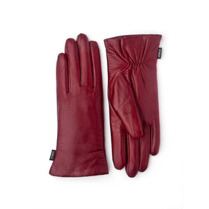 Pair of Hestra red leather gloves with gathered wrist detail