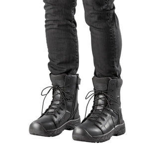 Person wearing black Gaffin tactical boots with black jeans