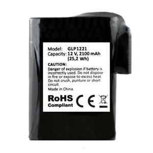 Glovii GLP1221 12V 2100mAh battery pack with safety warnings and compliance labels