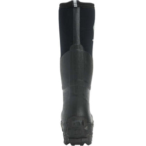 Back view of a black Muck rubber boot with a textured sole