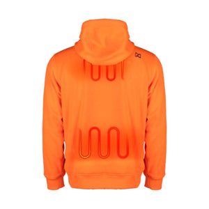 Back view of orange Mobile Warming hooded sweatshirt showing internal heating element placement