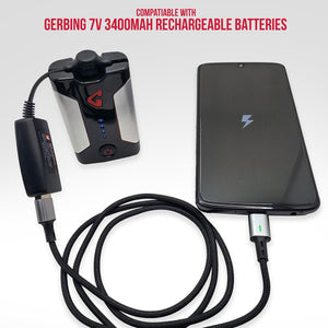 Gerbing 7V rechargeable battery connected to a smartphone via a charging cable