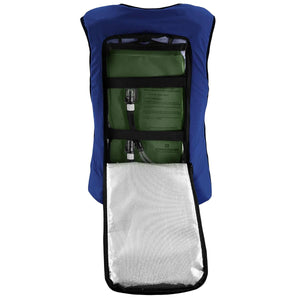 AlphaCool blue cooling vest with open back compartment showing green fluid bladder and silver insulation