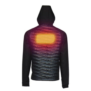 Back view of black hooded jacket with glowing yellow heating element panel on upper back
