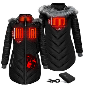 ActionHeat black heated parka showing heating element locations with dimensions and included power bank