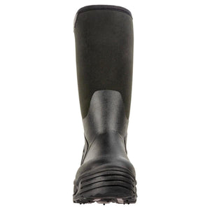 Back view of a black Korkers tall rubber boot