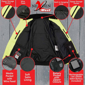 NexGen heated jacket interior features including zipper pockets, wire feed, hanging loop, and battery pack