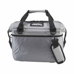 AO Coolers silver soft cooler bag with black handles and shoulder strap