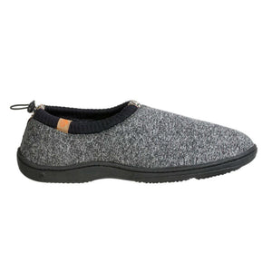 Grey heathered slip on slipper with black trim and black rubber sole