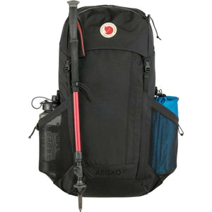 FjallRaven Abisko 35 black trekking backpack with side mesh pockets holding a water bottle and gear