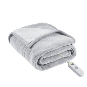 Serta grey heated fleece blanket with white sherpa lining and controller