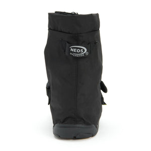 Back view of black Neos overshoe with brand logo tab