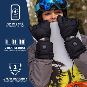 Person wearing Gobi Heat heated gloves holding a snowboard with text overlays for heat duration and warranty