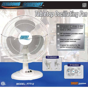 Seasons Comfort 12 inch tabletop oscillating fan with 3 speed push button controls and tilt adjustment